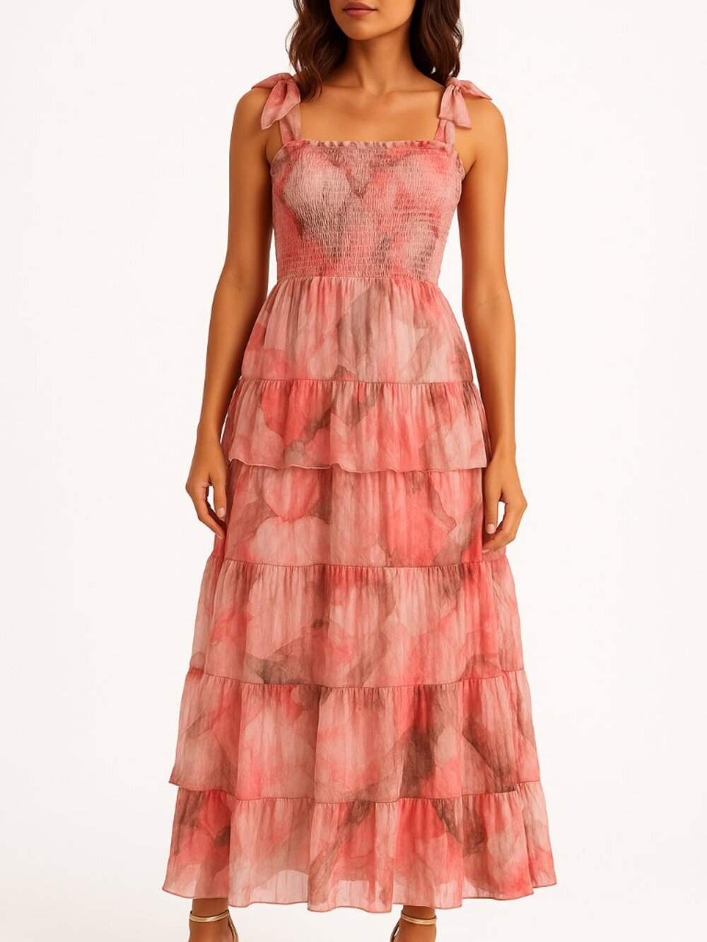 Socialite Pleated Tiered Maxi Dress | Pink/Grey Floral | Size M MSRP $128 – NWOT